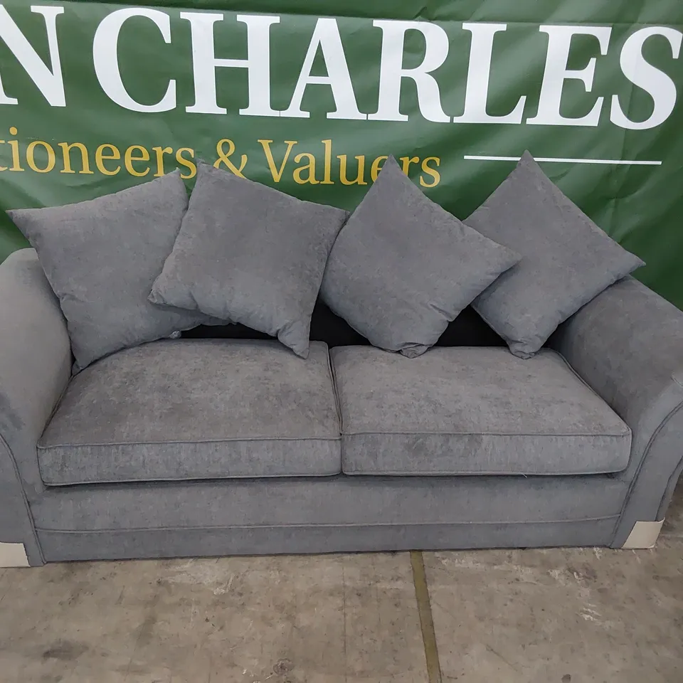 DESIGNER THREE SEATER SOFA WITH SCATTER CUSHIONS GREY FABRIC 