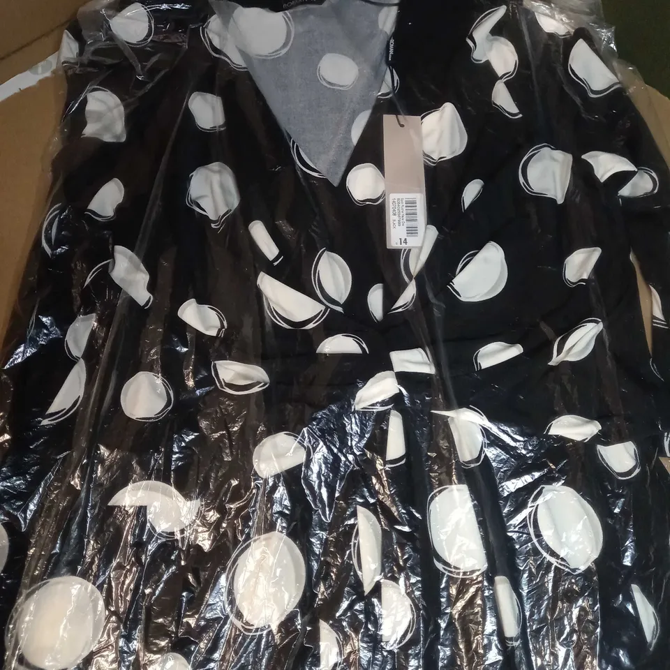 ROMAN BLACK/WHITE SPOT RUCHED WAIST DRESS - SIZE 14