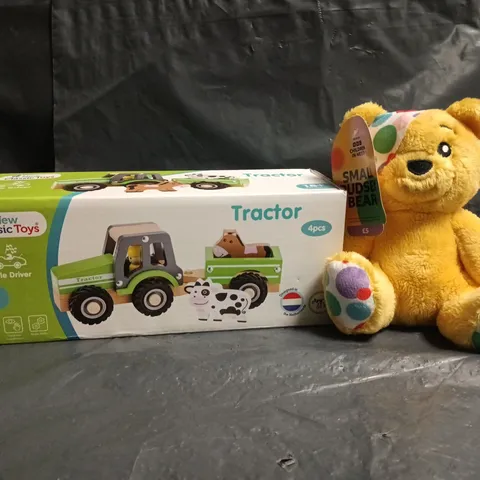 BOX OF APPROXIMATELY 20 ASSORTED TOYS AND GAMES TO INCLUDE TRACTOR TOY, SMALL PUDSEY BEAR, ETC - COLLECTION ONLY