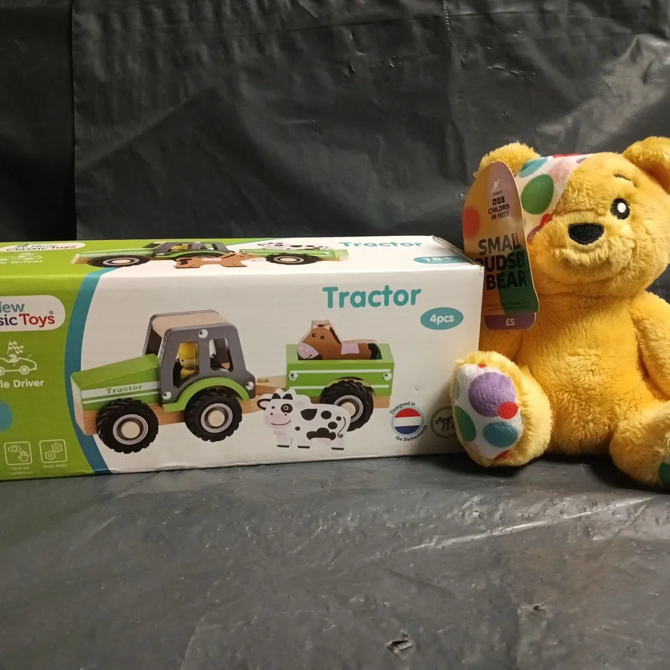 BOX OF APPROXIMATELY 20 ASSORTED TOYS AND GAMES TO INCLUDE TRACTOR TOY, SMALL PUDSEY BEAR, ETC - COLLECTION ONLY