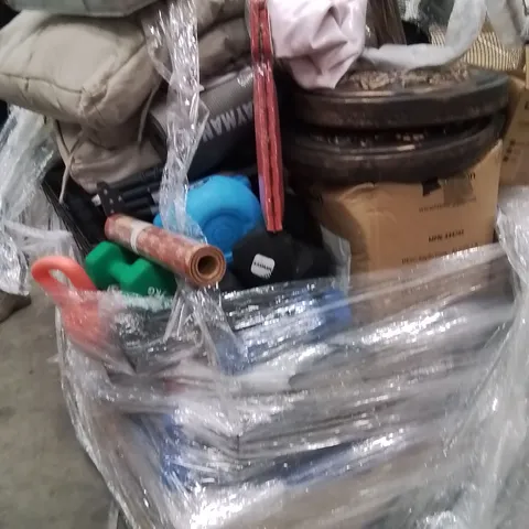 PALLET OF ASSORTED HOUSEHOLD GOODS AND PRODUCTS TO INCLUDE;FAN,PARASOL BASE,DUMBBELL,DOG CAGE