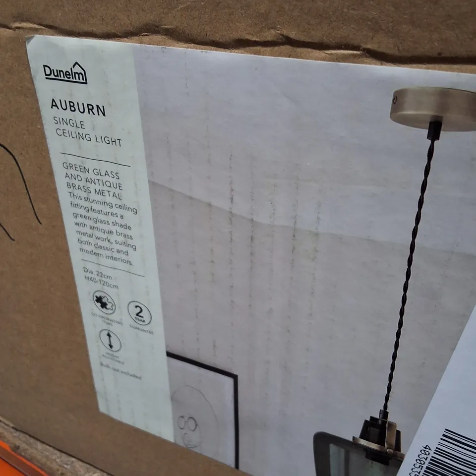BOXED DUNELM AUBURN SINGLE CEILING LIGHT – BOXED, GREEN GLASS SHADE & ANTIQUE BRASS
