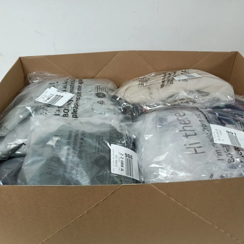 BOX OF APPROXIMATELY 20 ASSORTED CLOTHING ITEMS OF VARIOUS STYLES AND SIZES TO INCLUDE STONE LINEN CROP, DARK BLUE PARTY DRESS, BLACK DRESS ETC