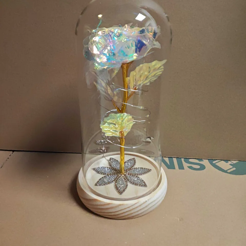 PRE-LIT DECORTAIVE ROSE IN GLASS DISPLAY