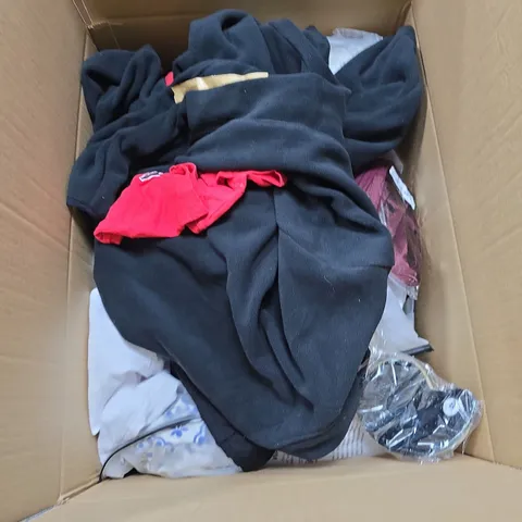 BOX OF APPROXIMATELY 30 ASSORTED CLOTHING ITEMS IN VARIOUS STYLES , COLOURS AND SIZES