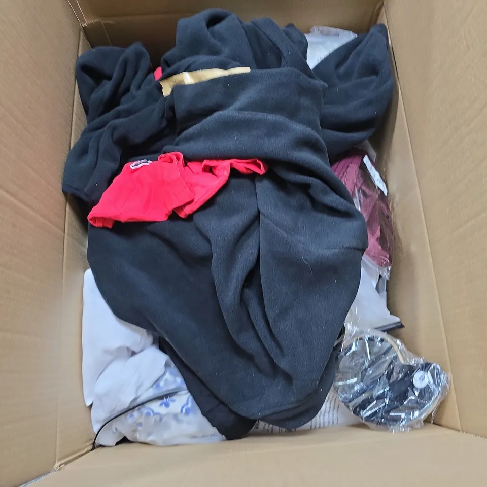BOX OF APPROXIMATELY 30 ASSORTED CLOTHING ITEMS IN VARIOUS STYLES , COLOURS AND SIZES