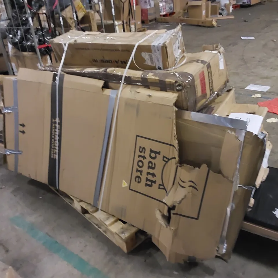 PALLET TO CONTAIN ASSORTED HOUSEHOLD ITEMS. INCLUDES WORKTOPS, SHOWER SCREEN, WARDROBE PARTS ETC