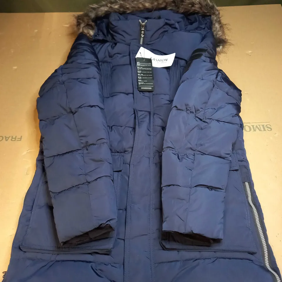 FASHION BIJIANUO NAVY COAT WITH FLUFFY HOOD - UK L