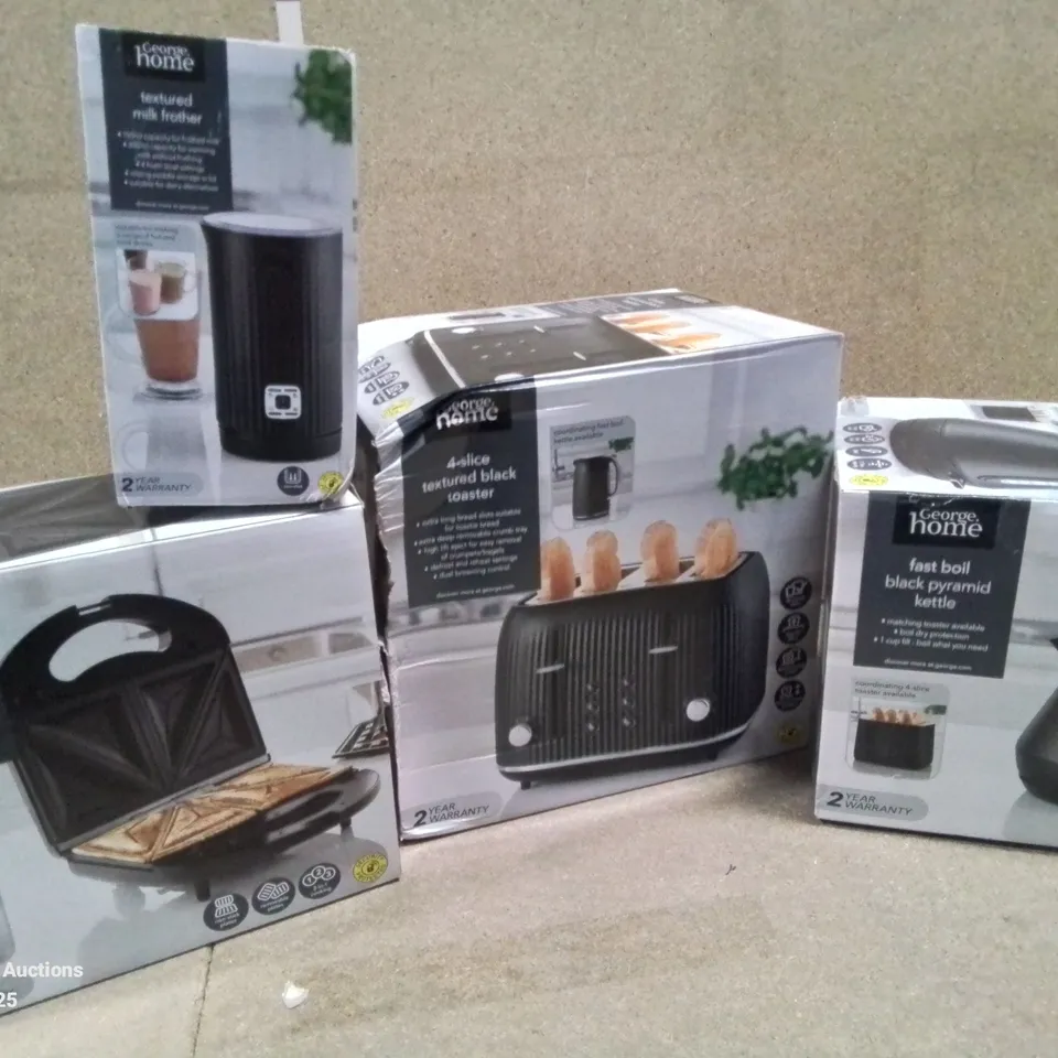 BOXED KETTLE, TOASTER, SANDWICH TOASTER, PYRAMID KETTLE, AND TEXTURED MILK FROTHER COLLECTION (NOT MATCHING)