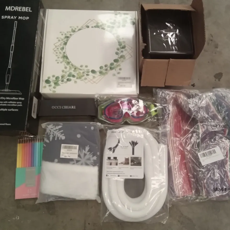 PALLET OF ASSORTED ITEMS INCLUDING MDREBEL SPRAY MOP, ALEX TECH SPLIT SLEEVING, COOSA SWIMMING GOGGLES, OCCI CHIARI SUNGLASSES, 12PCS COLOUR PENCIL