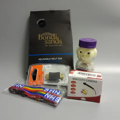 5 ASSORTED PRODUCTS TO INCLUDE REUSABLE SELF TAN APPLICATION MIT, MINI CCTV CAMERA, HDMI MALE TO MALE ADAPTER