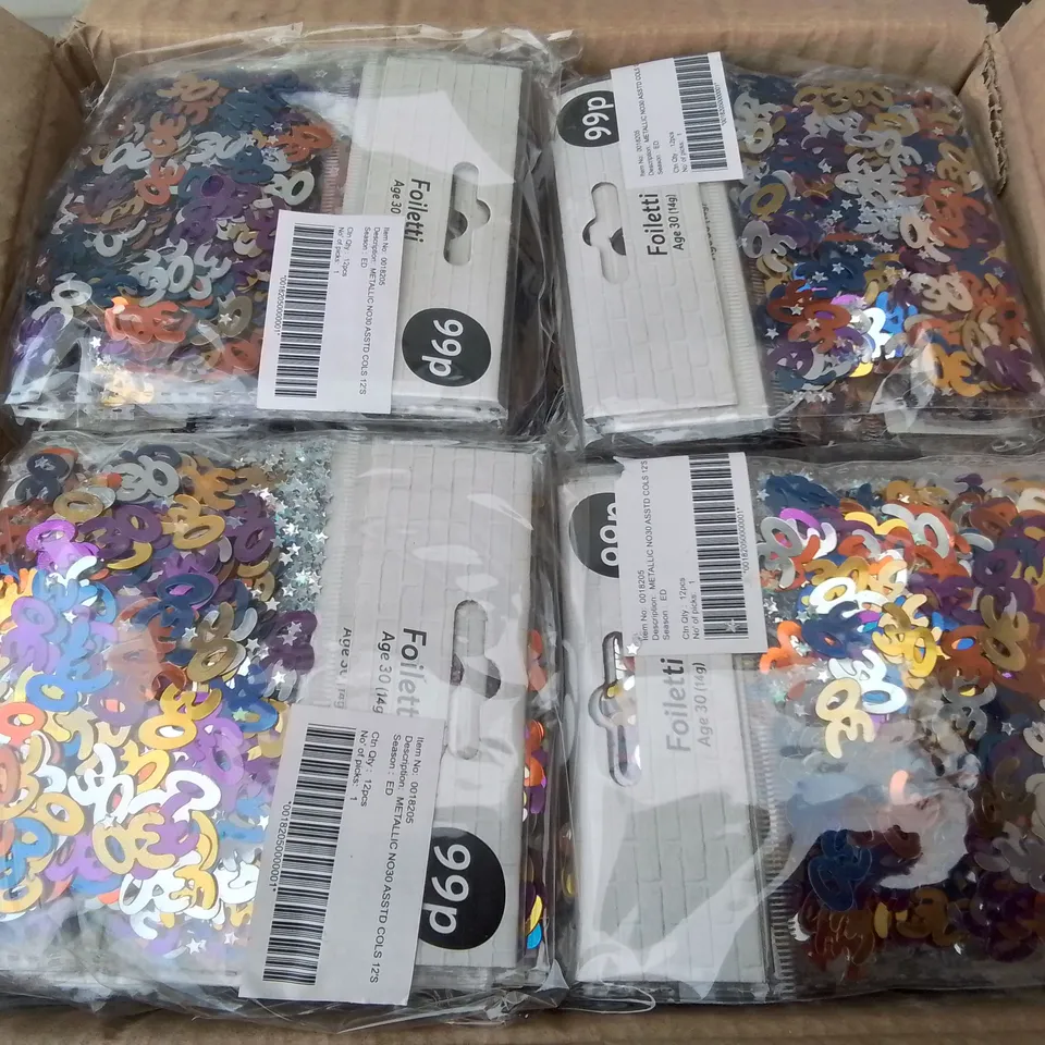 PALLET CONTAINING 108 BOXES OF BRAND NEW METALLIC NO30 CONFETTI - 144 PIECES PER BOX / APPROX TOTAL 15,552