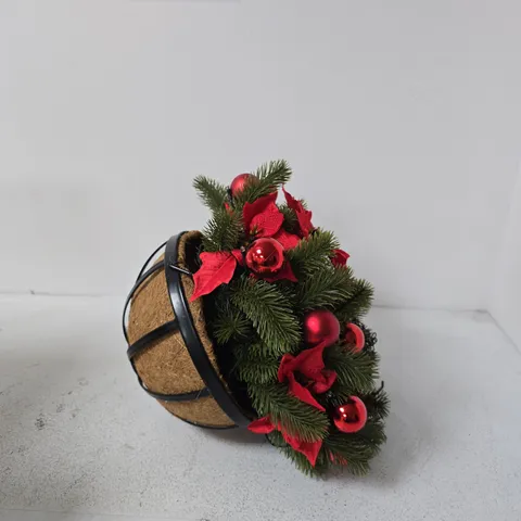 ARTIFICIAL CHRISTMAS HANGING BASKET WITH PINE BRANCHES, RED BERRIES & POINSETTIA ACCENTS