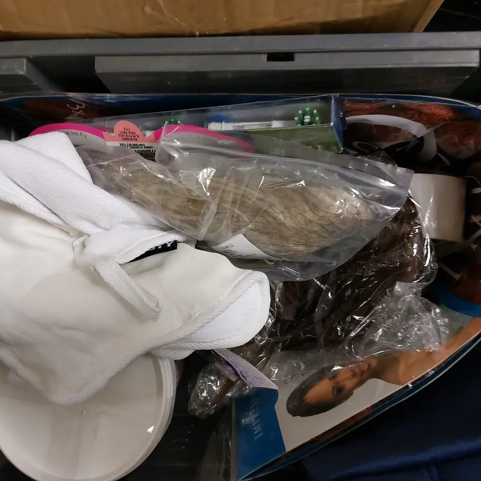 BOX OF APPROX 10 COSMETIC ITEMS TO INCLUDE ELEMIS SHOWER CAP, IMPRESSION SUPER BRAID BULK EXTENSIONS, ORAL-B REPLACEMENT HEADS