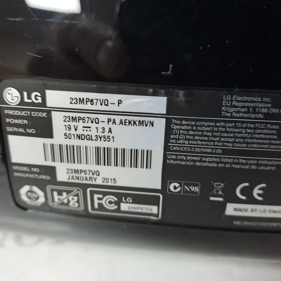 LG 23" LCD MONITOR MODEL 23MP67VQ-P SERIAL #501NDGL3Y551