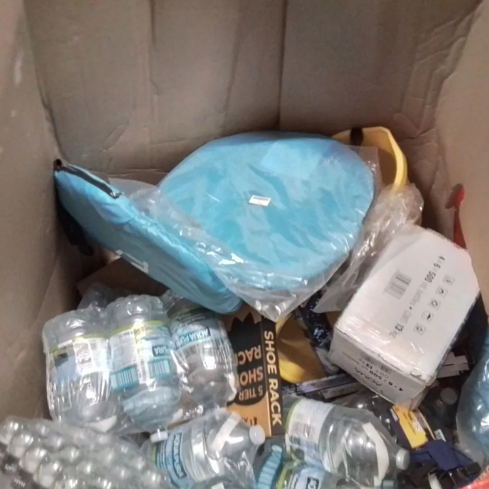 PALLET OF ASSORTED HOUSEHOLD GOODS AND PRODUCTS TO INCLUDE;SHOE RACK AND MULTIPLE BOTTLES OF WATER