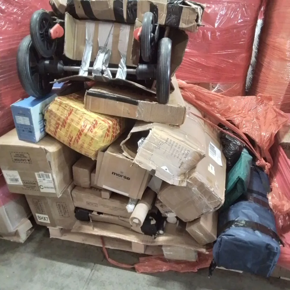 PALLET OF VARIOUS ASSORTED BOXED HOUSEHOLD ITEMS TO INCLUDE. SEVERAL GAZEBOS, PUSHCHAIR, IMPULSE SEALER, TELESCOPIC LADDER ETC.