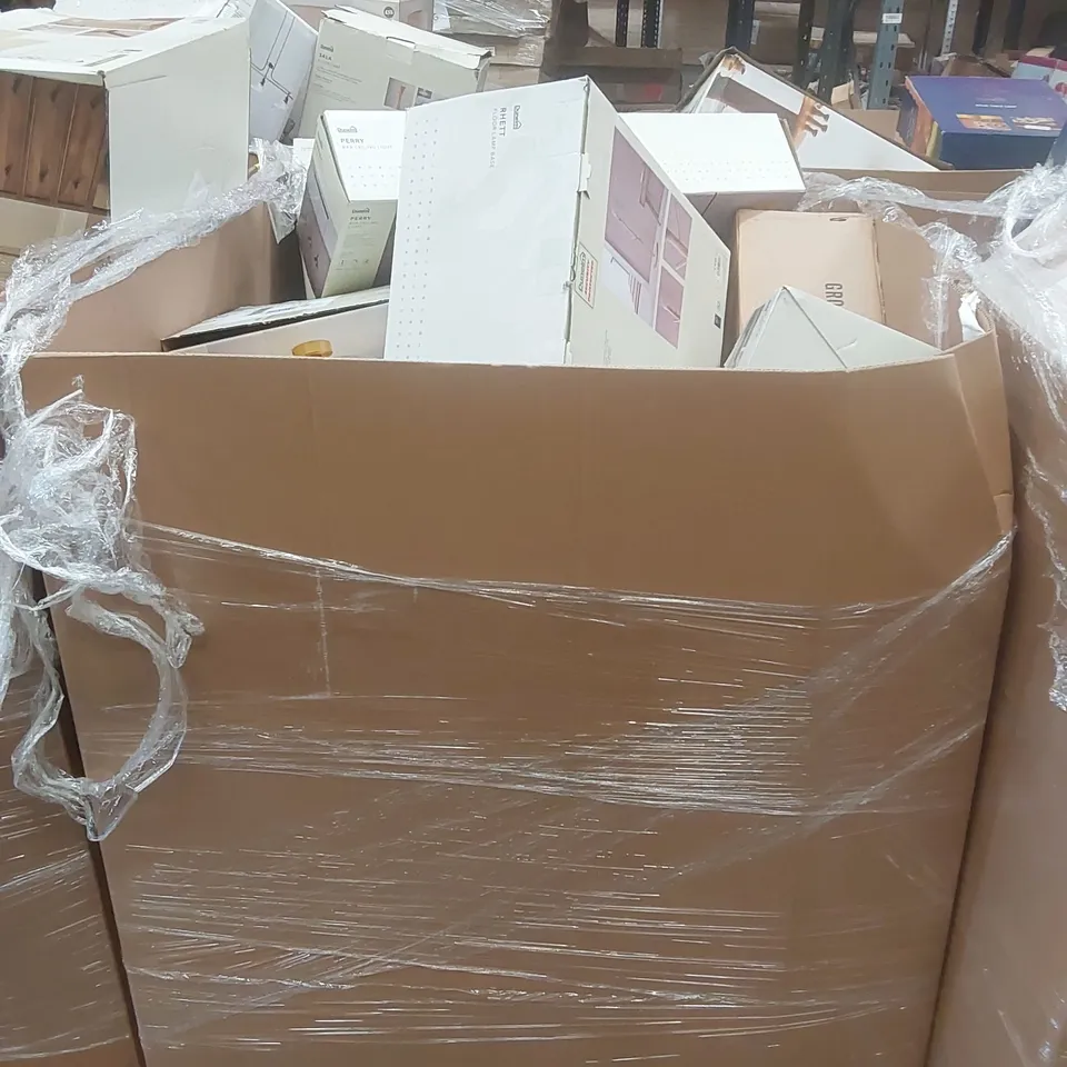 PALLET CONTAINING A VERY LARGE QUANTITY OF ASSORTED DESIGNER LIGHTING PRODUCTS INCLUDING: PERRY BAR CEILING LIGHT, MARGOT LED CEILING LIGHT, HAZELLE SEMI FLUSH CEILING LIGHT, RHETT FLOOR LAMP BASE ECT