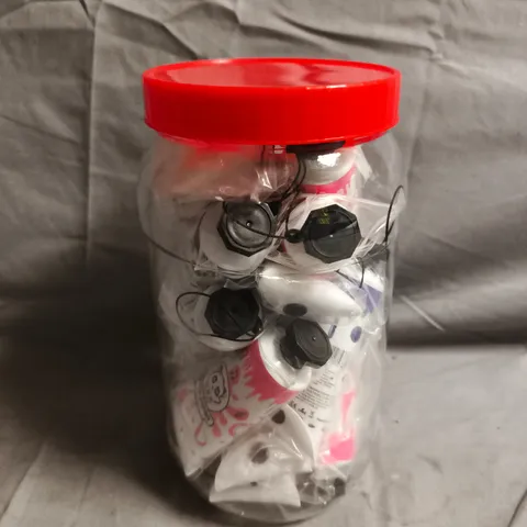 CLEAR PLASTIC CONTAINER OF APPROXIMATELY 12 ASSORTED PATCH PANDA EARPHONES IN VARIOUS COLOURS