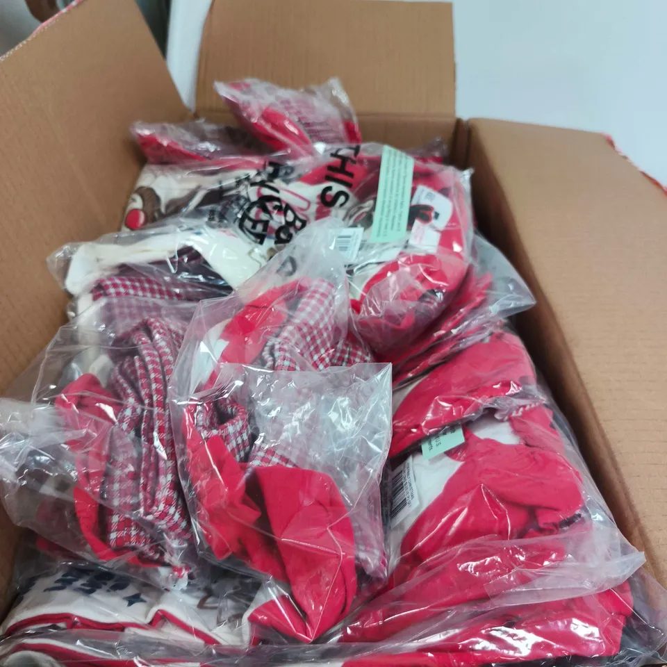 BOX OF APPROXIMATELY 28 ASSORTED CLOTHING ITEMS TO INCLUDE KIDS FAMILY CHRISTMAS RAGLAN LONG SLEEVE PJ SET RED GINGHAM RUDOLPH ETC