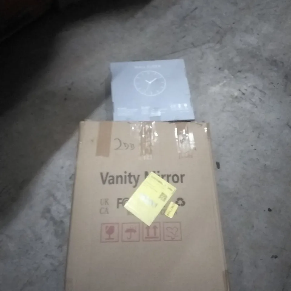 PALLET OF ASSORTED ITEMS TO INCLUDE; VANITY MIRROR, WALL CLOCK