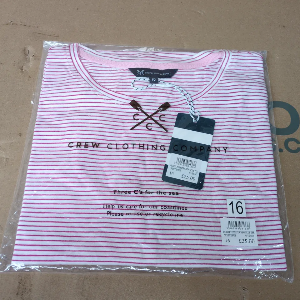 BAGGED CREW CLOTHING COMPANY PERFECT STRIPE CREW CLUB TEE IN WHITE/PINK - SIZE 16
