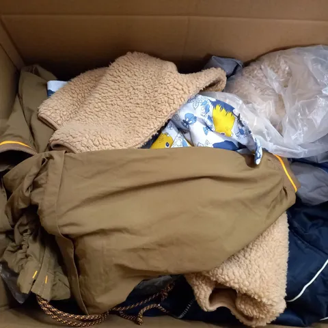 BOX OF ASSORTED CLOTHING ITEMS TOO INCLUDE JUMPERS, SHIRTS AND TROUSERS IN VARIOUS SIZES AND COLOURS