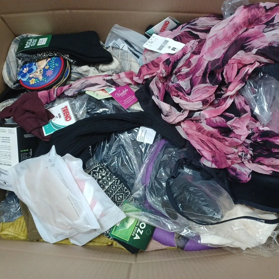 BOX OF APPROX. 50 ASSORTED CLOTHING VARYING IN SIZE/COLOUR/STYLE TO INCLUDE:  TOPS, TROUSERS, JUMPERS