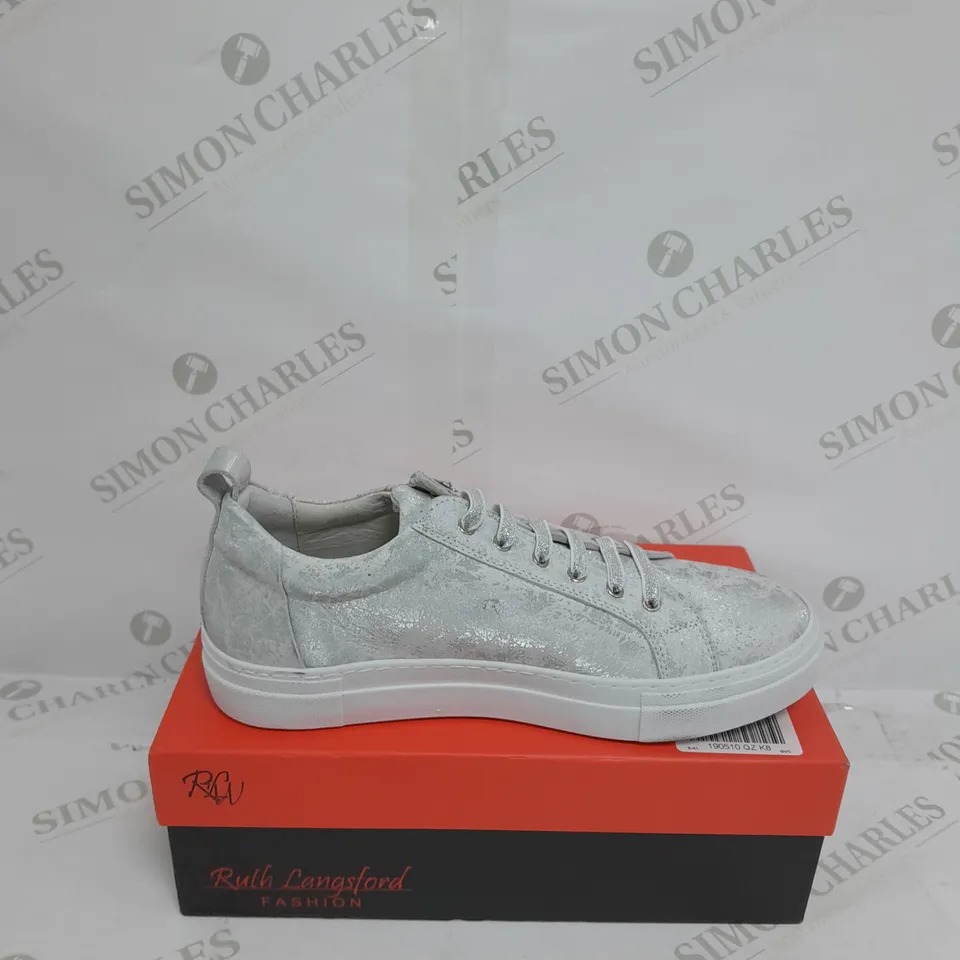 BOXED RUTH LANGSFORD ZIP DETAIL TRAINERS, SILVER - SIZE 8