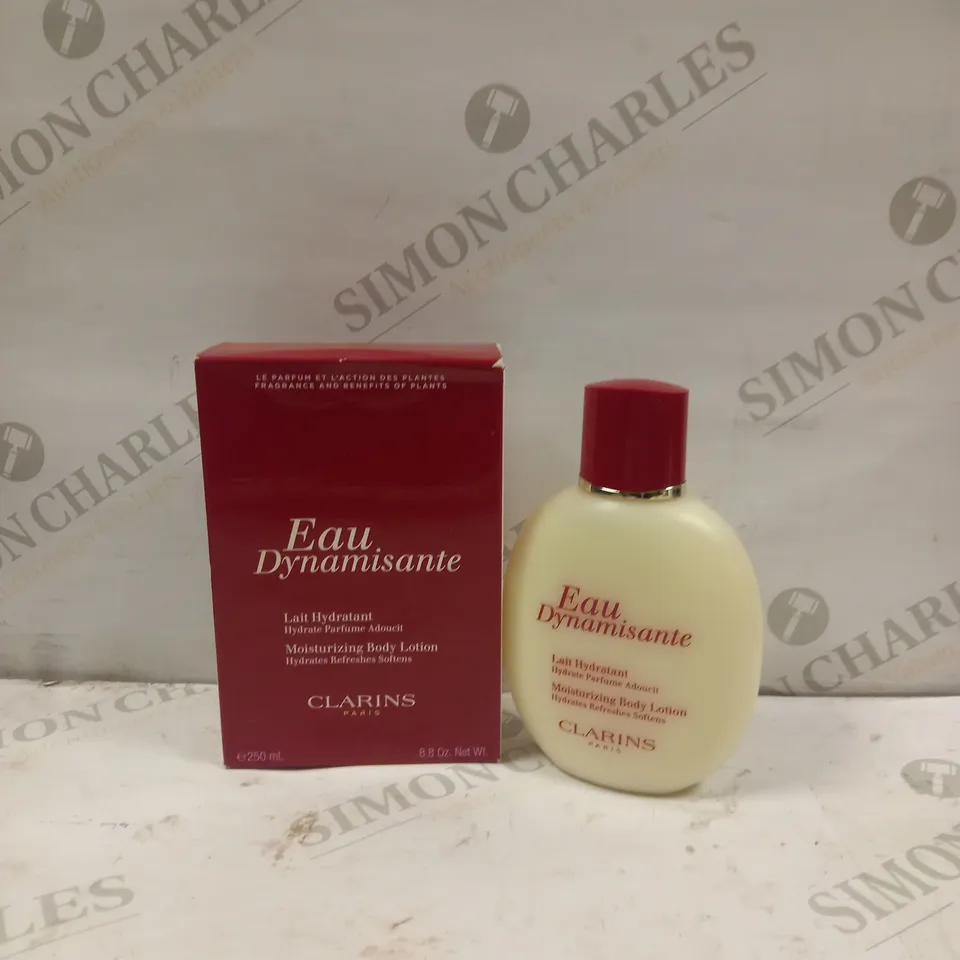 BOTTLE OF CLARINS PARIS  EAU DYNAMISANTE MOISTURIZING BODY LOTION, 250ML 