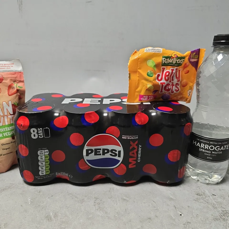 APPROXIMATELY 10 ASSORTED FOOD & DRINK ITEMS TO INCLUDE -  PEPSI MAX CHERRY , HAROGATE WATER , JELLY TOTS ETC