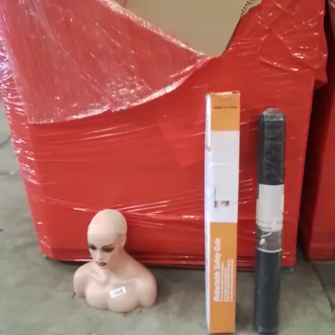 PALLET OF ASSORTED HOUSEHOLD GOODS AND PRODUCTS TO INCLUDE;RETRACTABLE SAFETY GATE,MAT,WOMEN'S MAKEUP DOLL