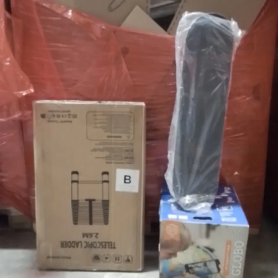 PALLET OF ASSORTED HOUSEHOLD GOODS AND PRODUCTS TO INCLUDE;TELESCOPIC LADDER,SKATEBOARD,LED GLOBE 