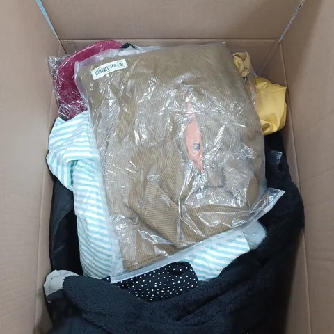 BOX OF APPROX. 25 ASSORTED CLOTHING VARYING IN SIZE/COLOUR/STYLE TO INCLUDE: TOPS, TROUSERS, JUMPERS