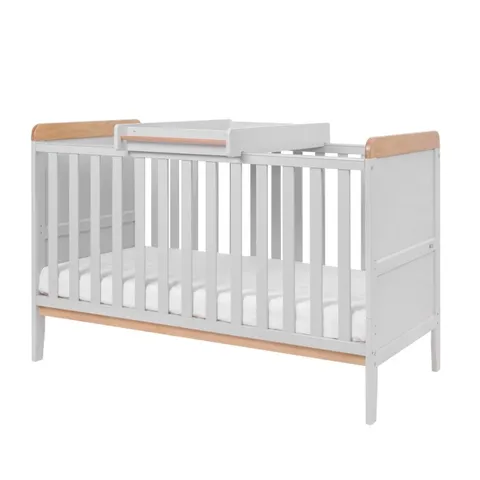 BOXED TUTTI BAMBINI RIO COT BED WITH COT TOP CHANGER - DOVE GREY AND HONEY OAK FINISH (1 BOX)