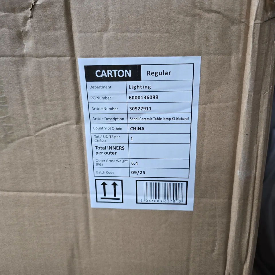 DUNELM MILL SANDI CERAMIC TABLE LAMP XL NATURAL BOXED