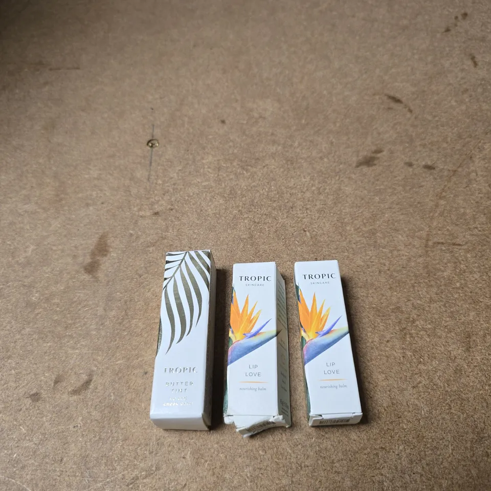SET OF 3 TROPIC ITEMS: 2 X LIP LOVE NOURISHING BALM + BUTTER TINT LIP AND CHEEK BALM