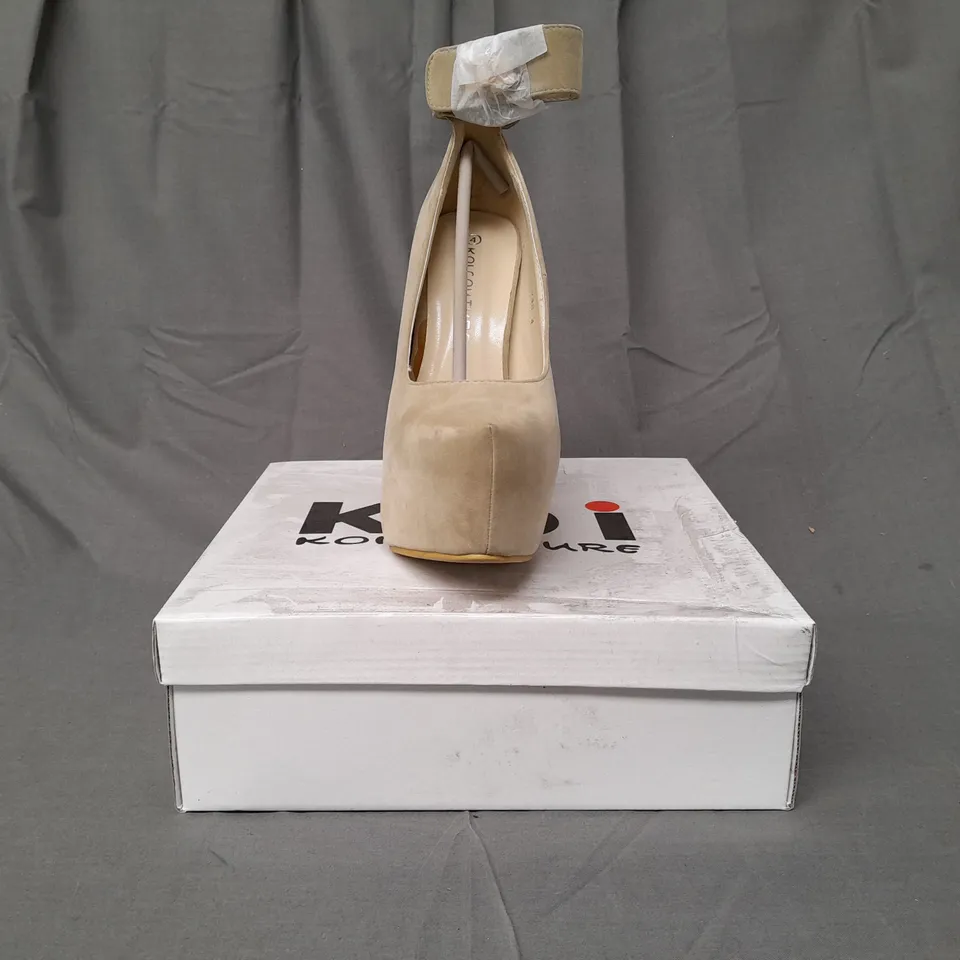 BOXED PAIR OF KOI COUTURE PLATFORM HIGH HEEL SHOES IN BEIGE SIZE 4