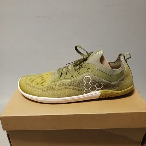 BOXED PAIR OF VIVOBAREFOOT PRIMUS LITE KNIT SHOES, FOREST GREEN - UK SIZE 11.5