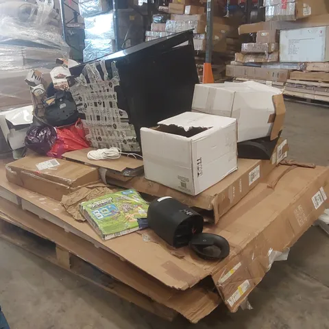 PALLET CONTAINING A LARGE QUANTITY OF ASSORTED ITEMS INCLUDING: DAMAGED TVS, FRIDGE ECT