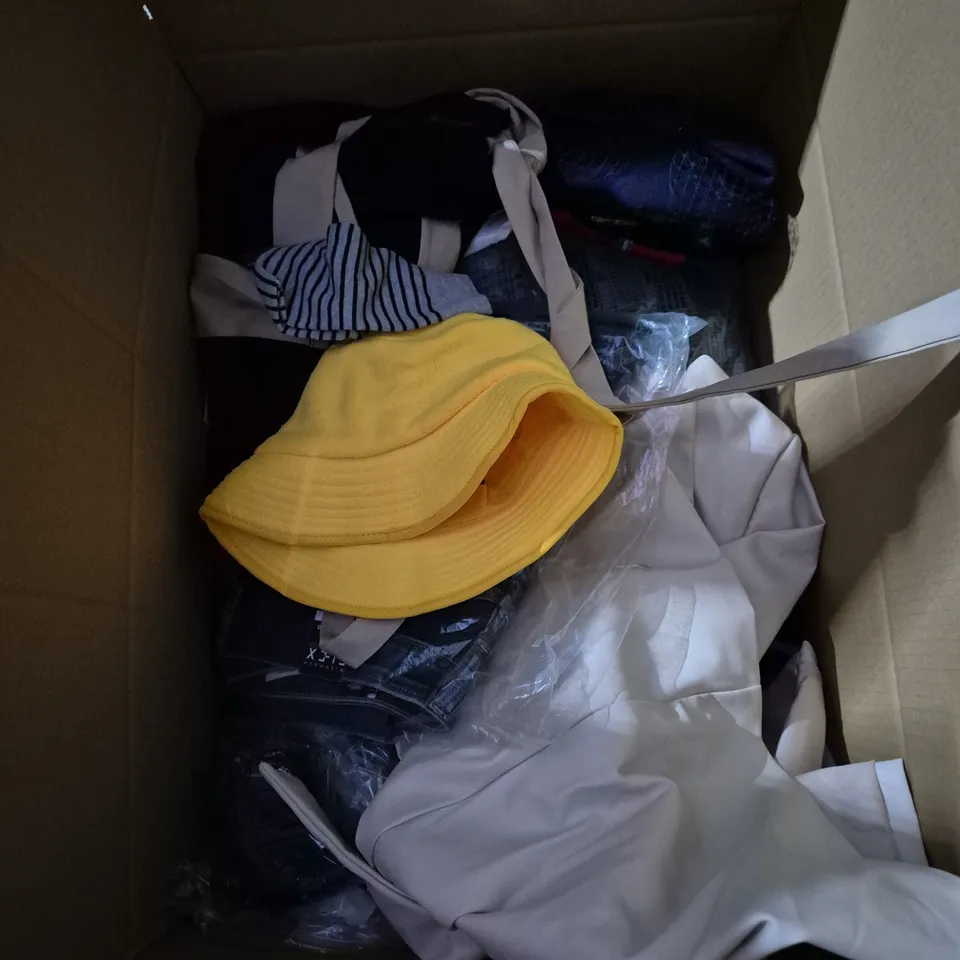 LARGE BOX OF ASSORTED CLOTHING ITEMS IN ASSORTED COLOUR, SIZES AND STYLES