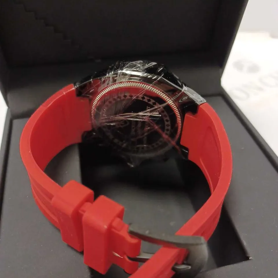 RUCKSTUHL OCTAGONAL BLACK TRIPLE DIAL STUD RED RUBBER STRAP WATCH