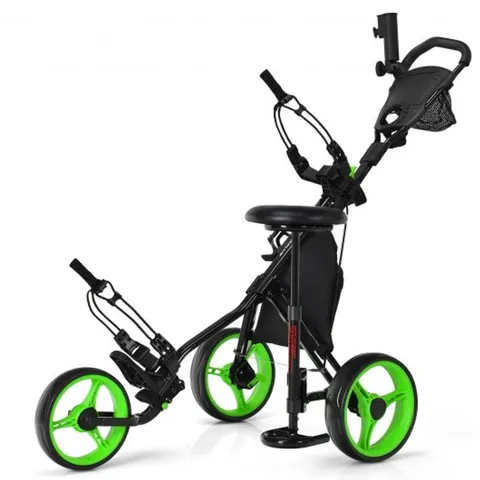 BOXED GOLF 3-WHEEL PUSH PULL CART WITH STORAGE BAG AND FOOT BRAKE - RED