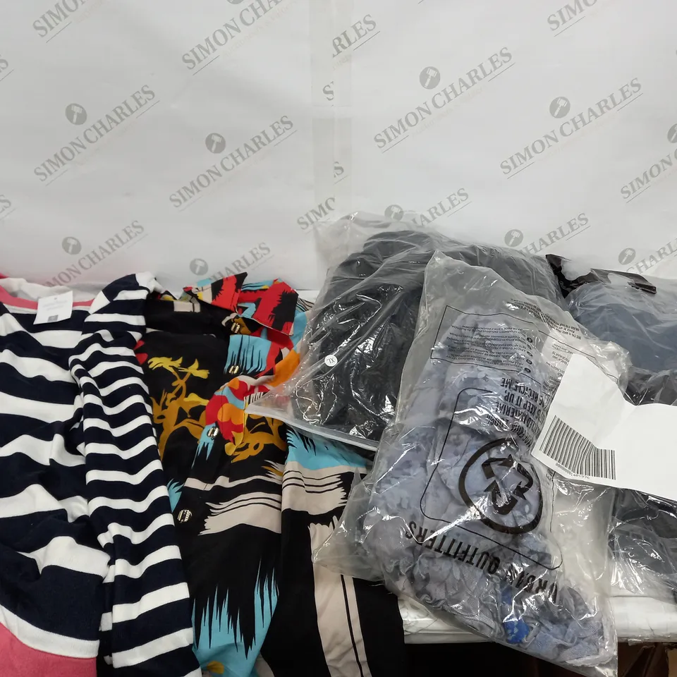 LARGE BOX OF ASSORTED CLOTHING ITEMS IN VARIOUS COLOURS AND SIZES INCLUDING TROUSERS , TOPS AND JUMPERS 