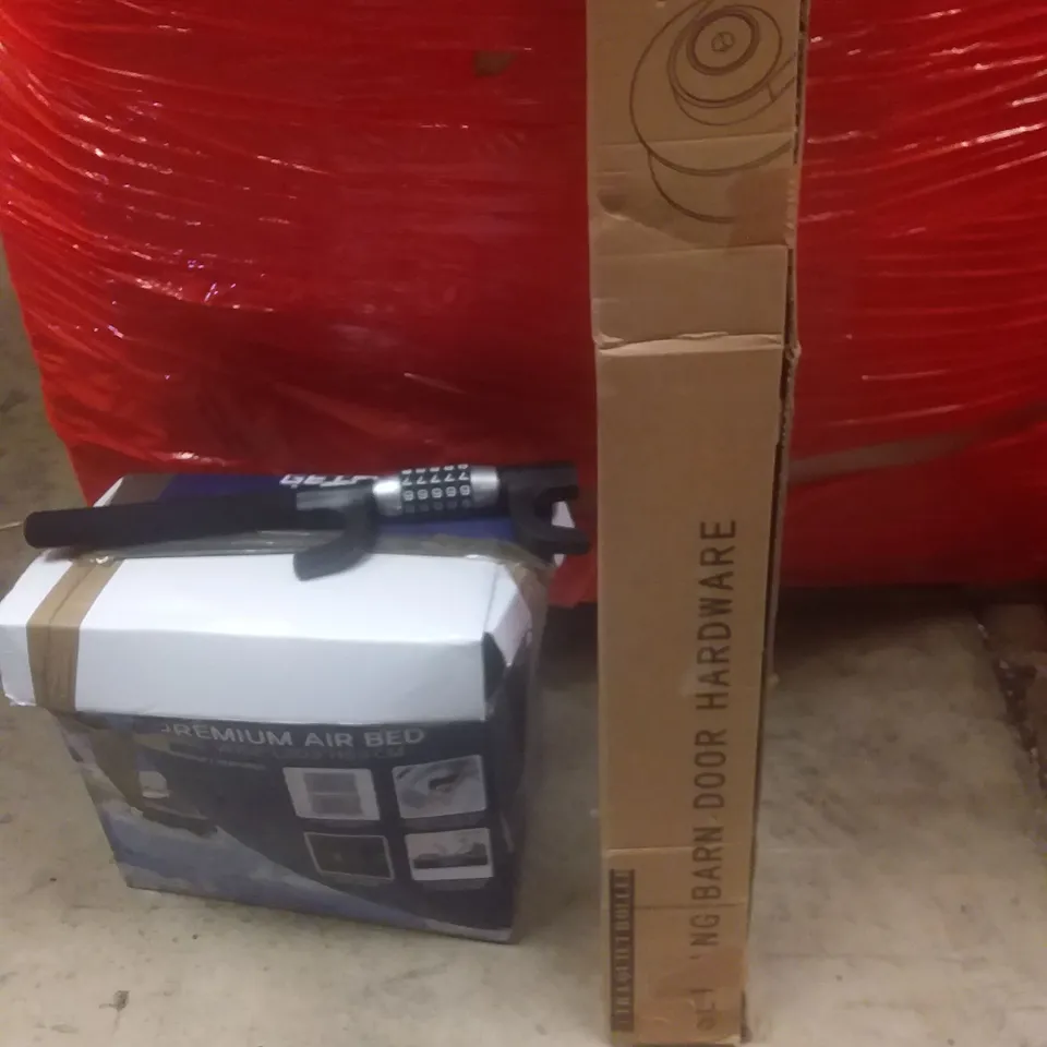 PALLET OF ASSORTED ITEMS INCLUDING SLIDING BARN DOOR HARDWARE, STEERING WHEEL LOCK, AIR BED