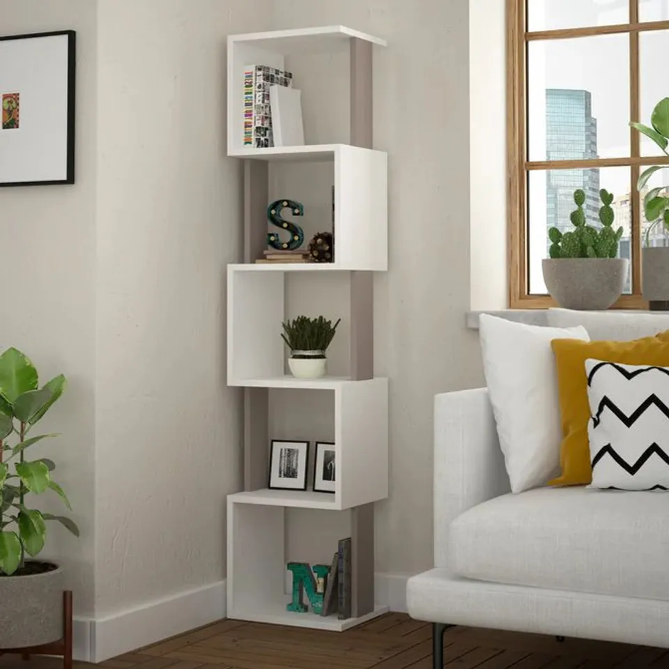 BOXED PIRI MODERN BOOKCASE DISPLAY UNIT TALL 161CM - WHITE/LIGHT MOCHA
