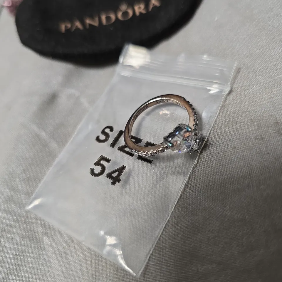 PANDORA SILVER RING WITH CRYSTAL DOUBLE HEART STONE, SIZE 54, S925 ALE – POUCH INCLUDED