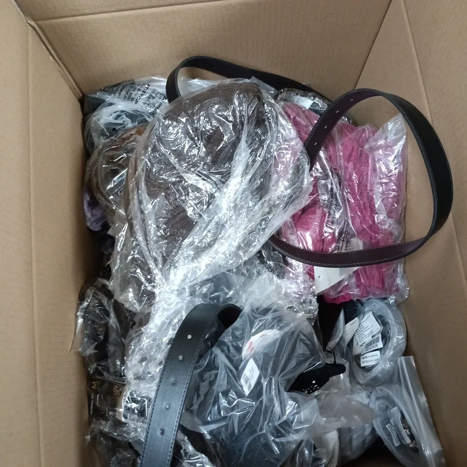 BOX OF APPROXIMATELY 30 ASSORTED CLOTHING ITEMS OF VARIOUS SIZES AND STYLES