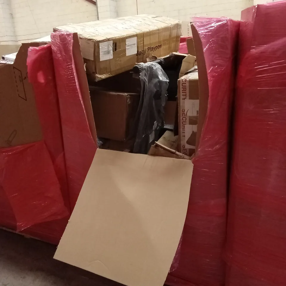 PALLET OF ASSORTED HOUSEHOLD GOODS AND PRODUCTS TO INCLUDE; BABY PLAYPEN, IRONING BOARD, KITCHEN APPLIANCE ETC