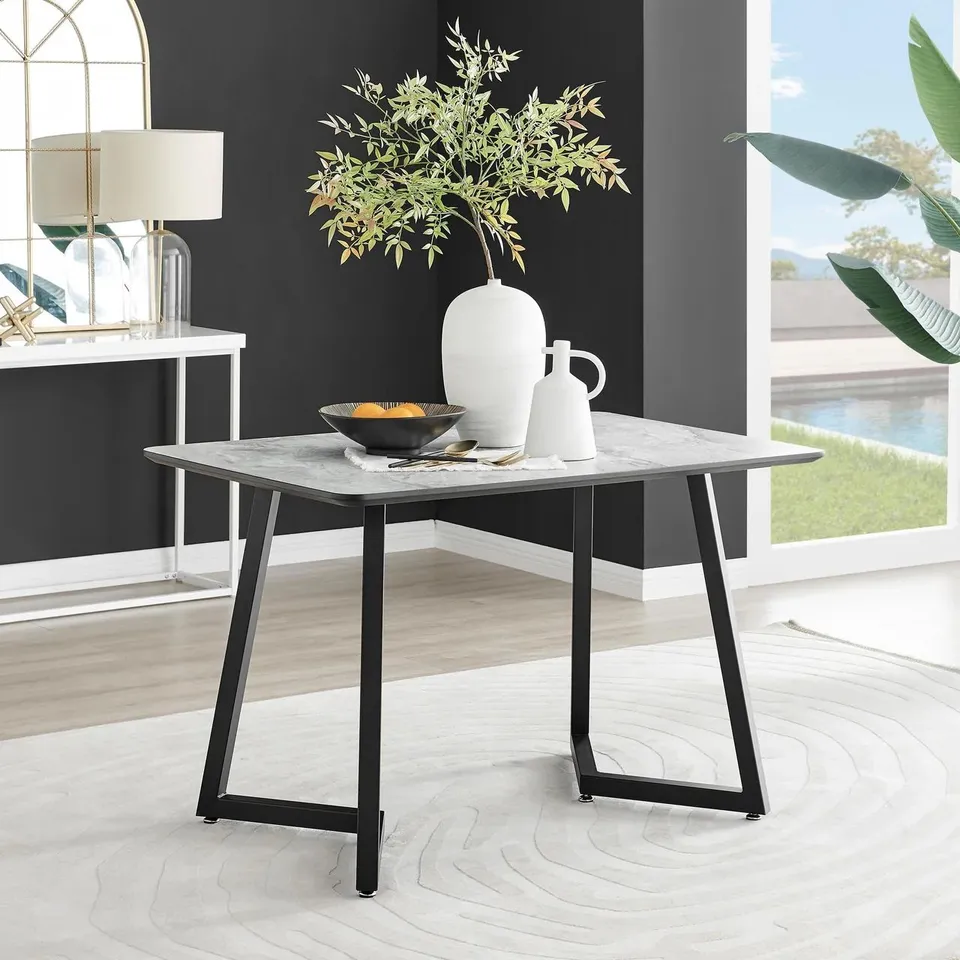 BOXED CARSON RECTANGULAR WHITE MARBLE EFFECT AND BLACK METAL 4 SEATER DINING TABLE (2 BOXES)